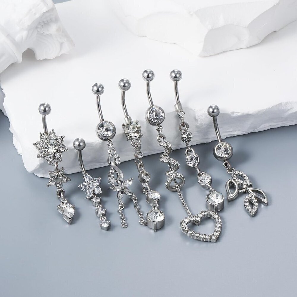 14G Belly Button Ring Jewelry Set 7 Pieces Dangle Cubic Zirconia Stainless Steel - Picture 2 of 6